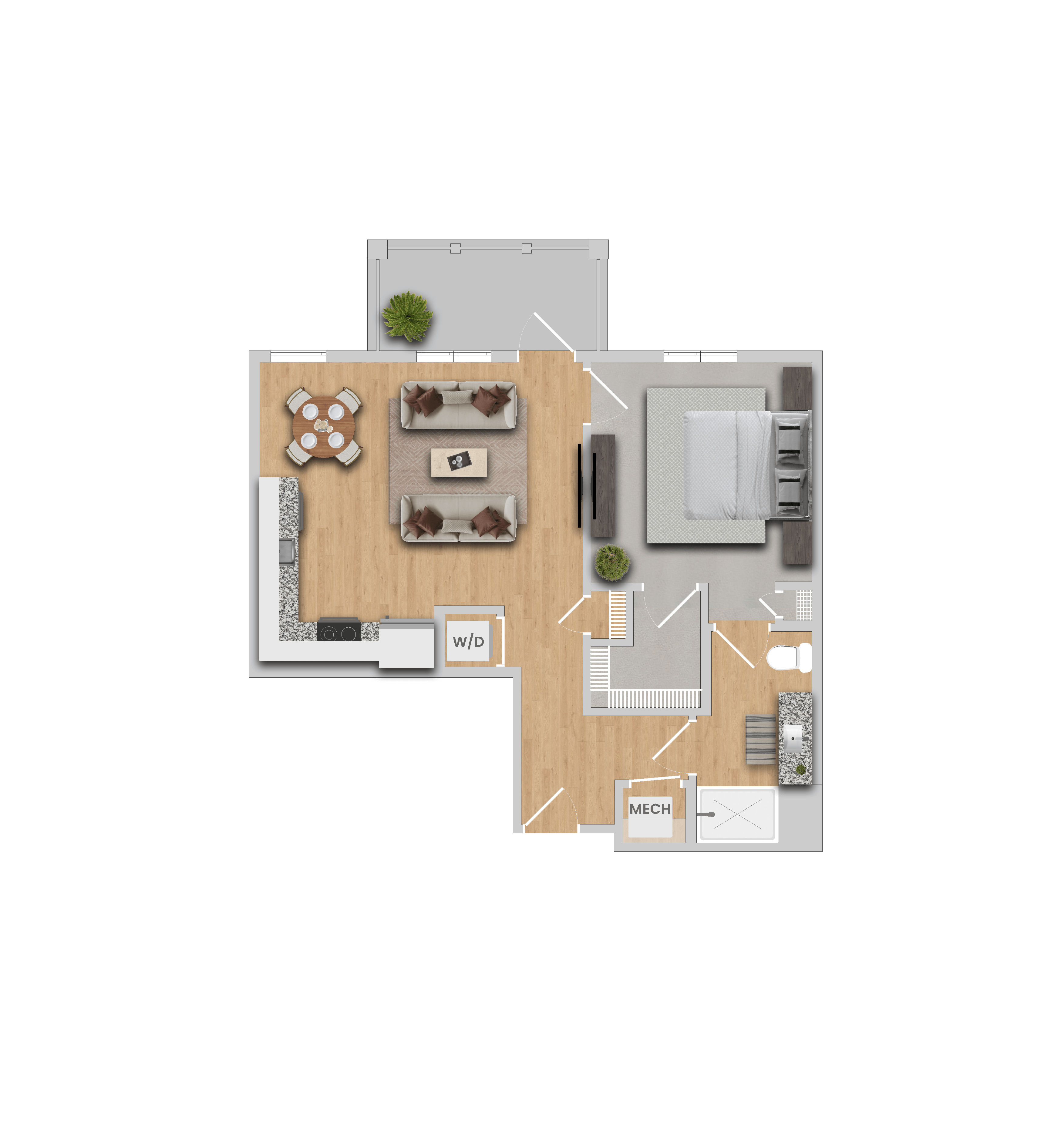 Floor plan for 1 bed, 1 bath, 702 sqft